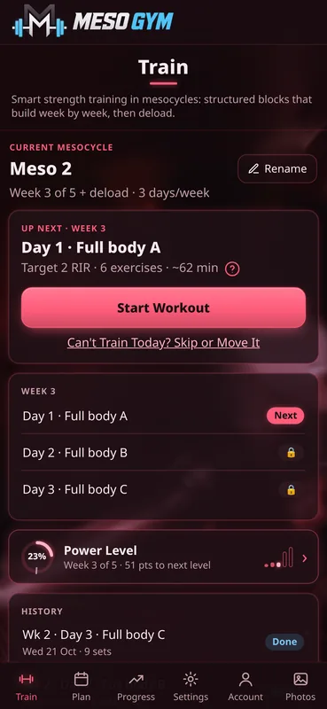 The same Train screen in the crimson theme